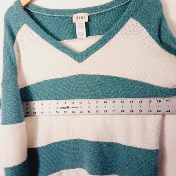 Bibi Women's MED Green & Cream Pullover Sweater Rugby Stripe Front, Relaxed Fit - Picture 9 of 14